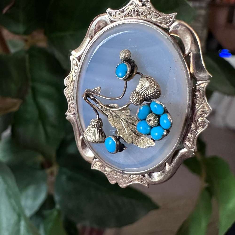 Victorian Chalcedony and Turquoise Floral Pendant